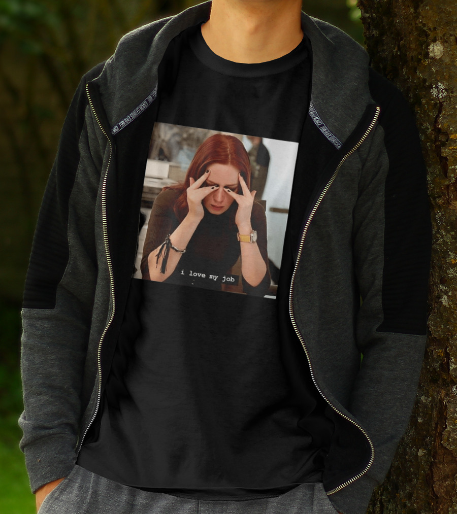 I Love My Job Stressed Woman With Red Hair Black Nails Yellow T-Shirt