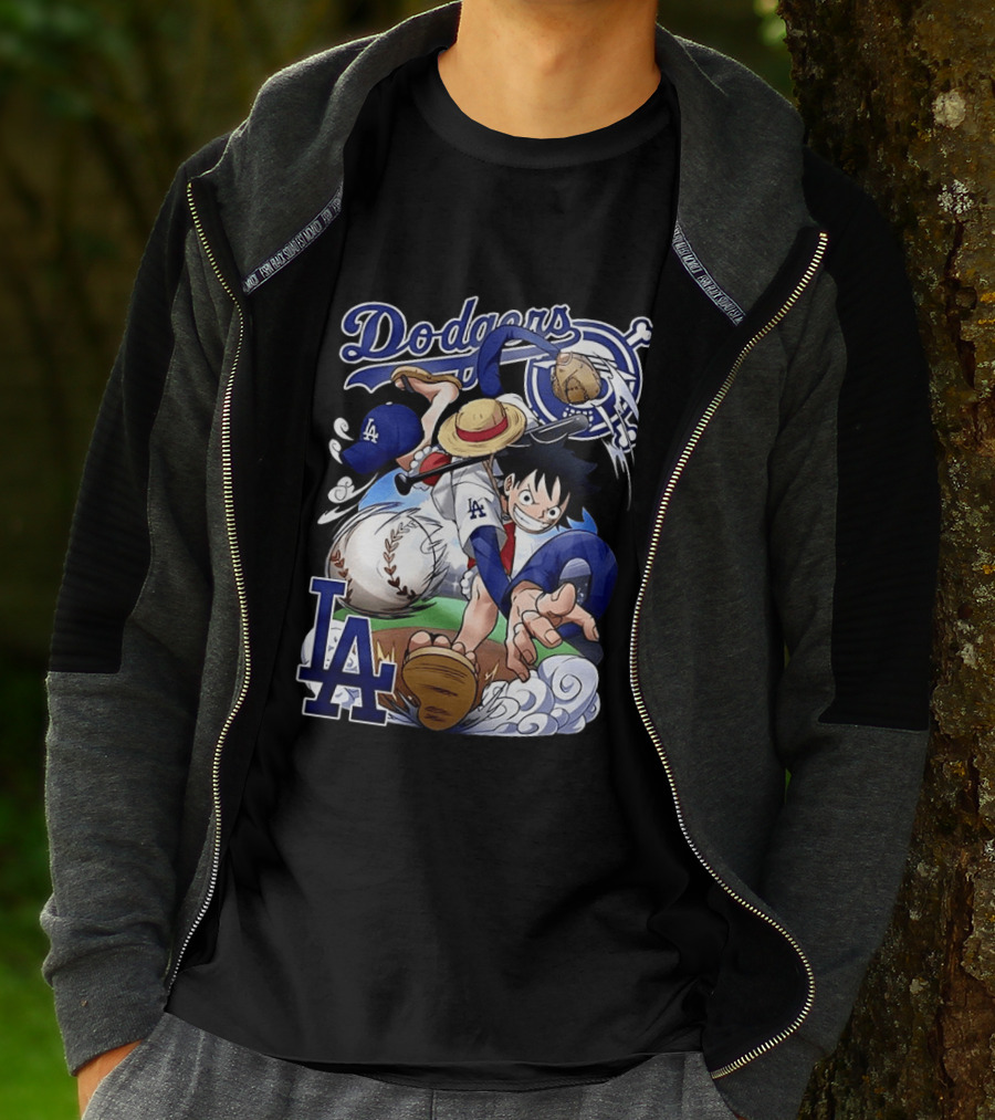 Luffy Los Angeles Dodgers One Piece Anime Crossover MLB Collaboration T-Shirt