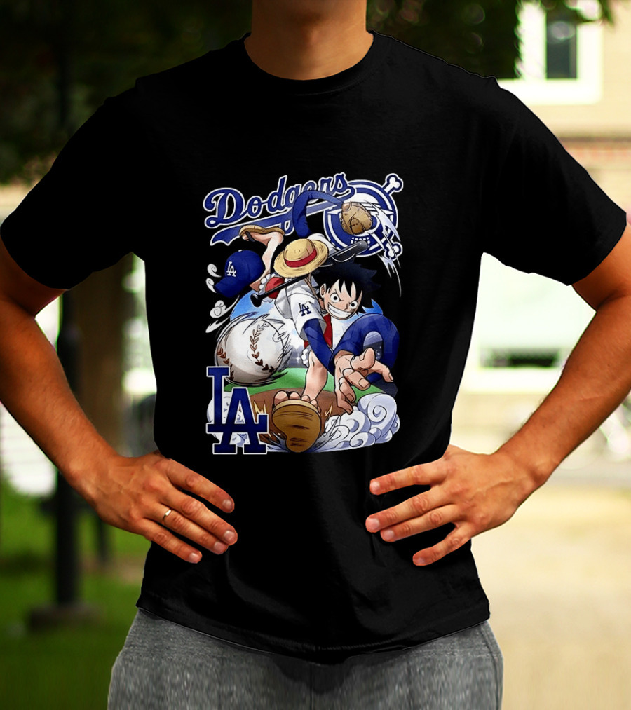 Luffy Los Angeles Dodgers One Piece Anime Crossover MLB Collaboration T-Shirt
