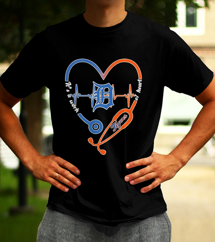 Detroit Tigers Heartbeat Stethoscope Work Of Heart T-Shirt