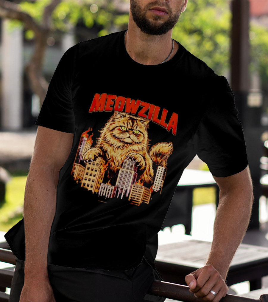 Meowzilla Giant Cat Rampage Over Burning City Skyline T-Shirt