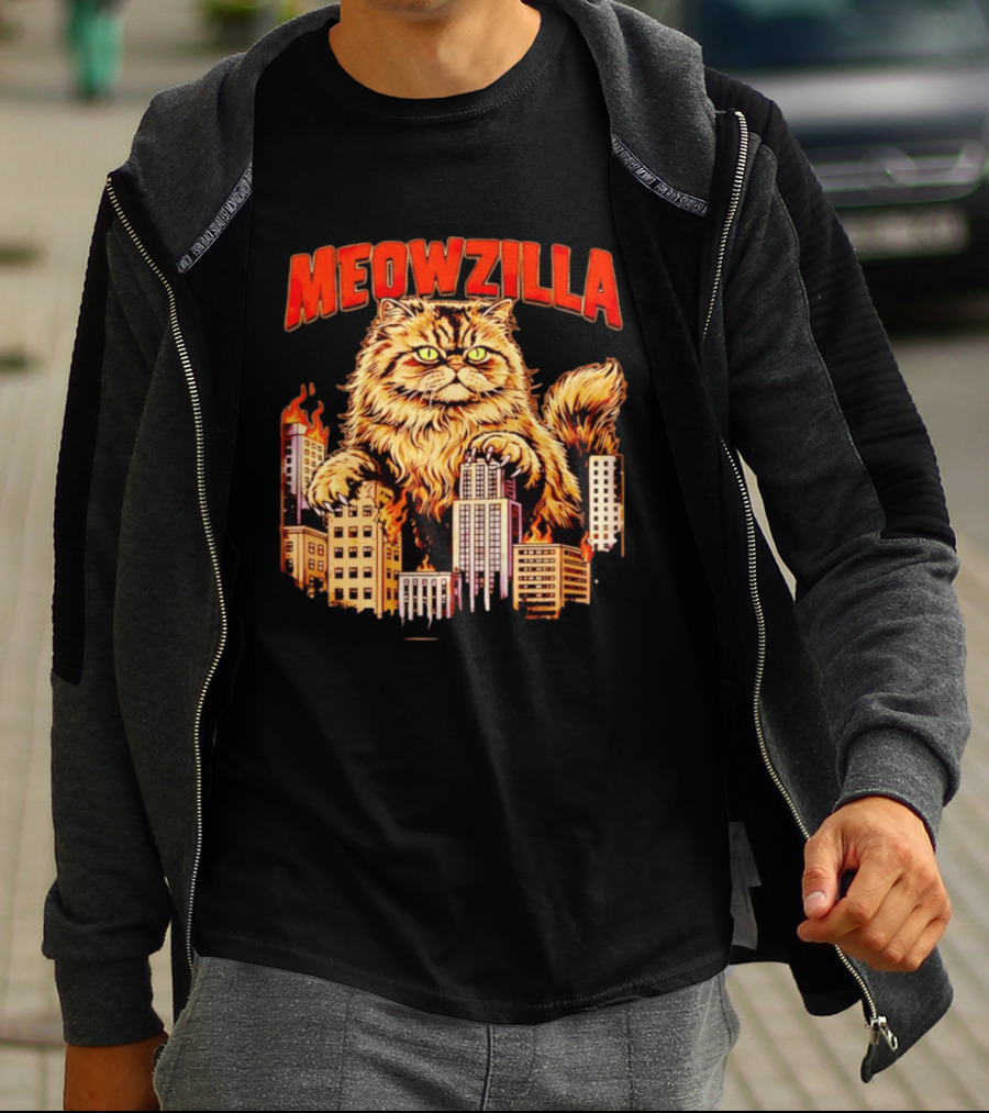 Meowzilla Giant Cat Rampage Over Burning City Skyline T-Shirt