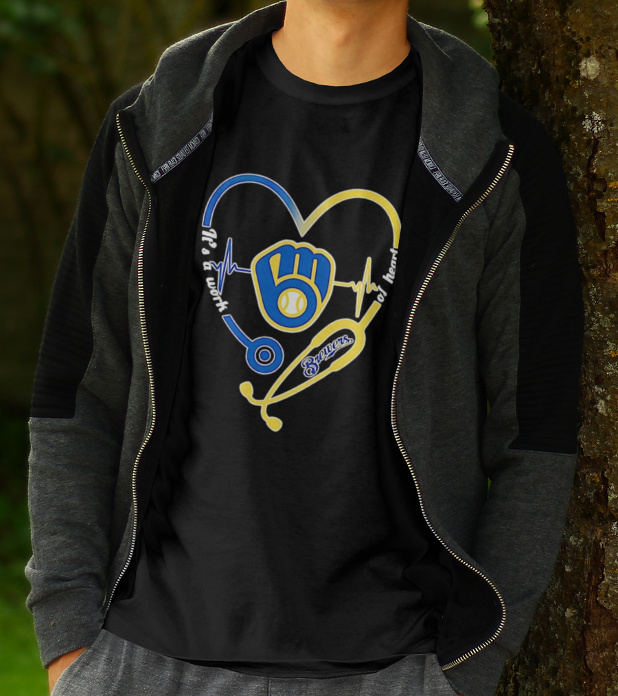 Milwaukee Brewers Baseball Heartbeat Stethoscope It's A Work Of Heart T-Shirt