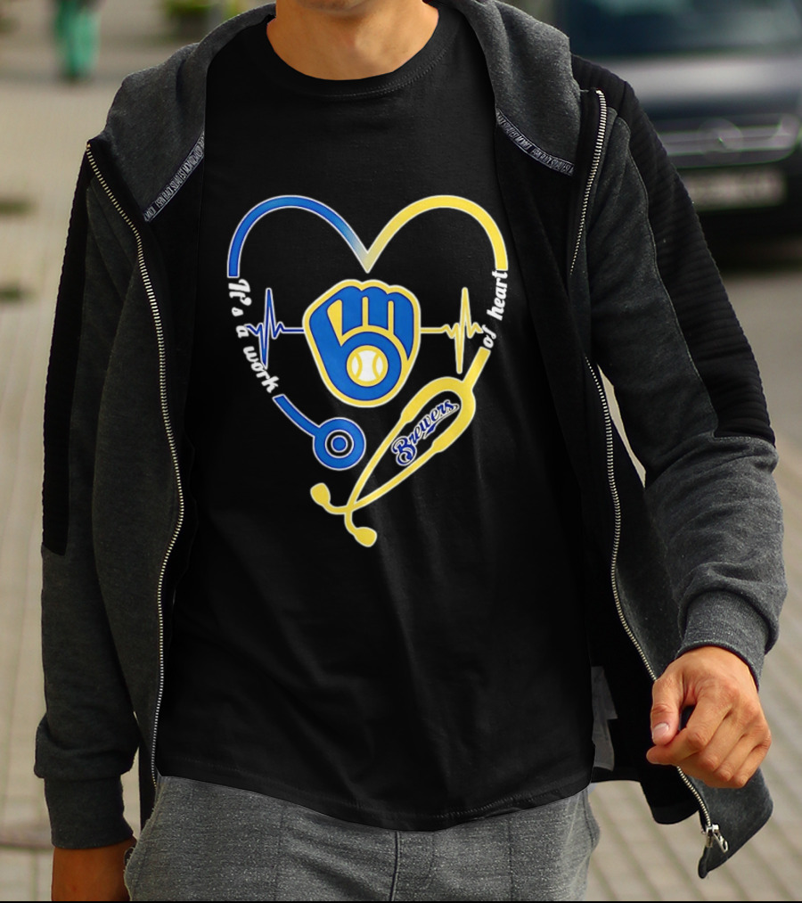 Milwaukee Brewers Baseball Heartbeat Stethoscope It's A Work Of Heart T-Shirt