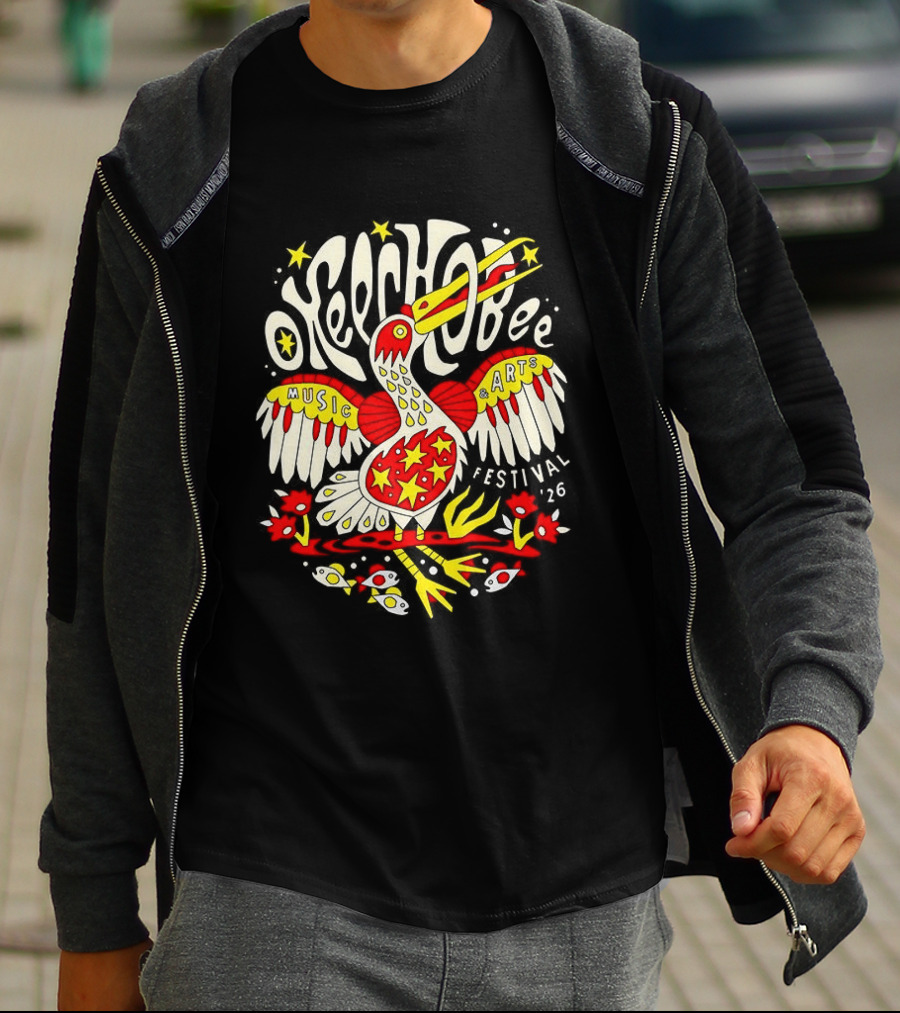 Okeechobee Music Arts Festival 2026 Psychedelic Pelican Stars Feathers Florals T-Shirt