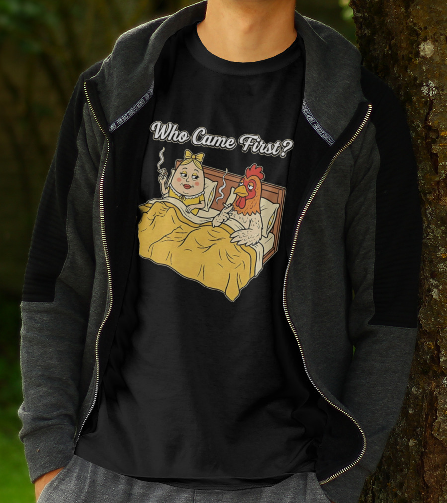 Who Came First Funny Chicken And Egg Bed Scene T-Shirt