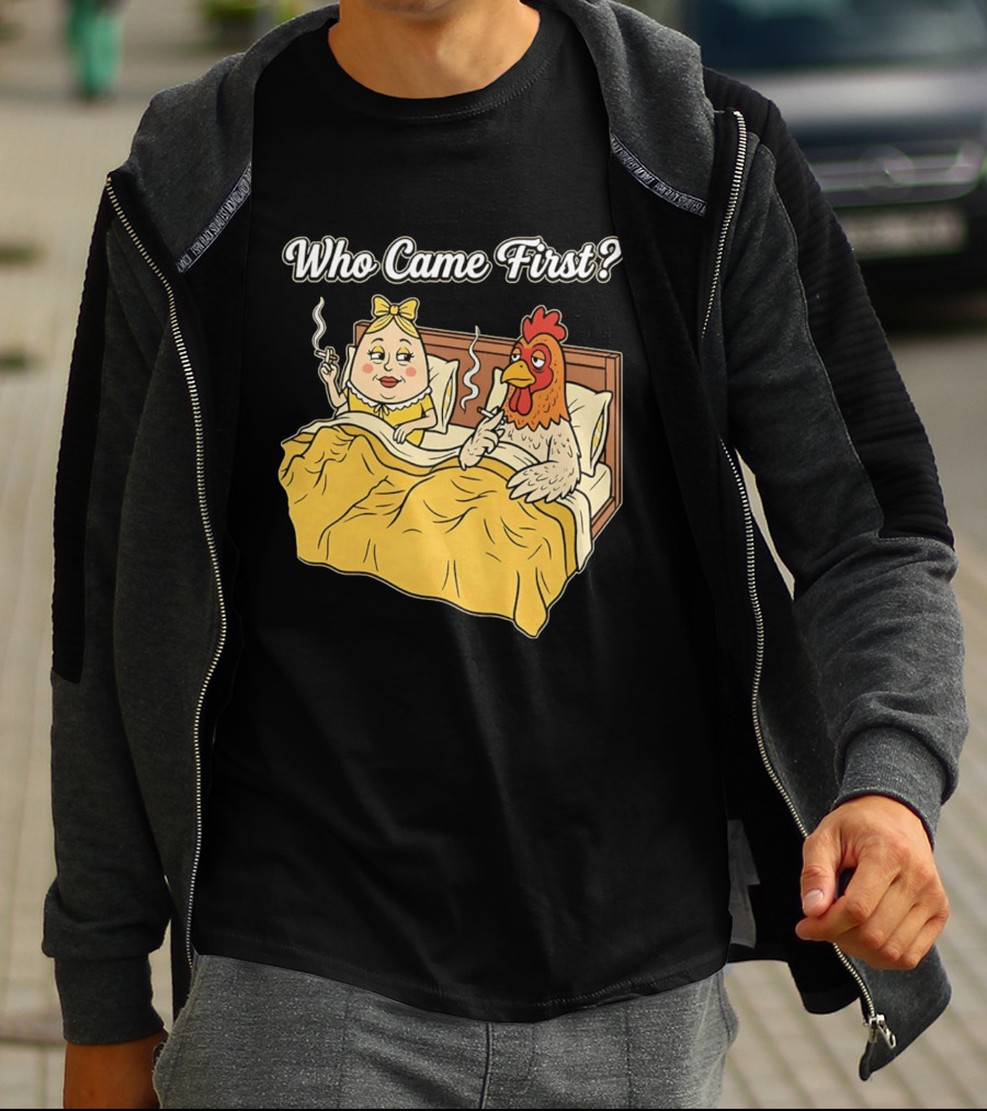 Who Came First Funny Chicken And Egg Bed Scene T-Shirt