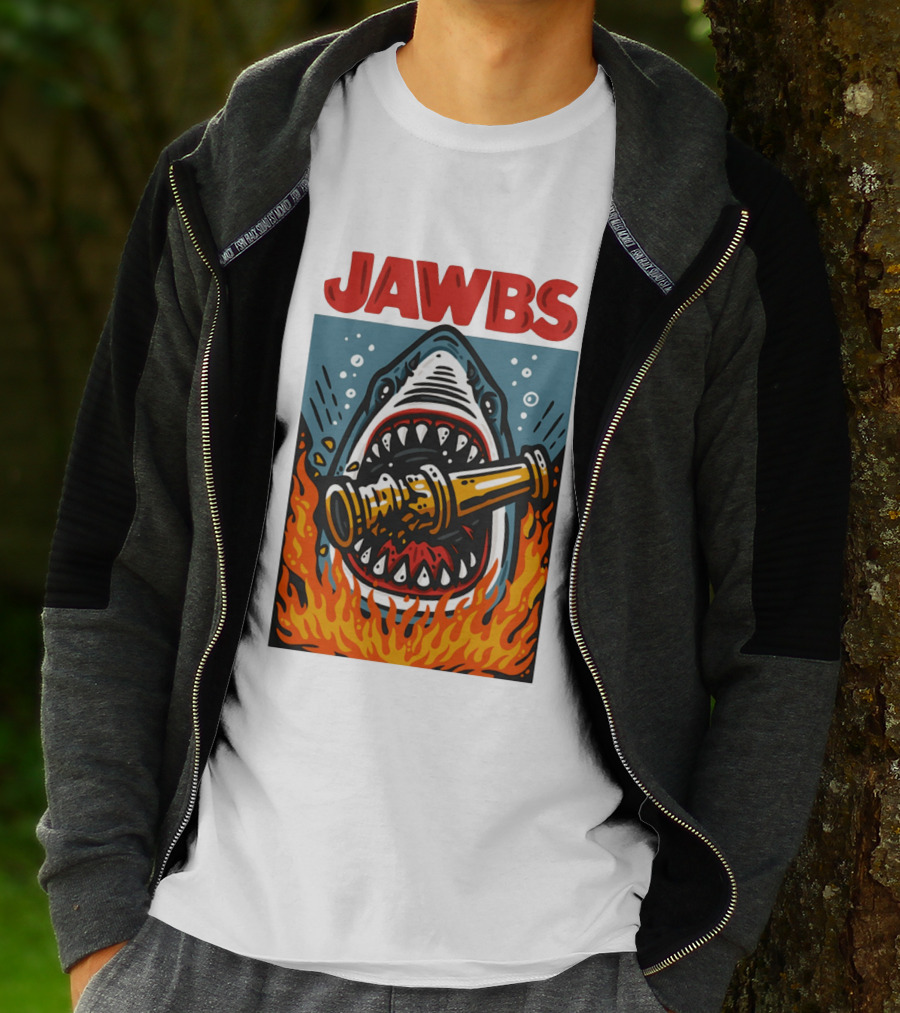 JAWS Jawbs Shark Biting Fire Hose Surrounded By Flames T-Shirt
