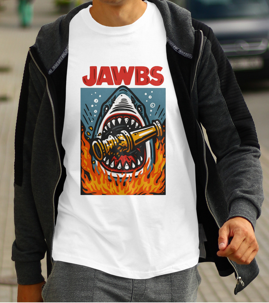 JAWS Jawbs Shark Biting Fire Hose Surrounded By Flames T-Shirt