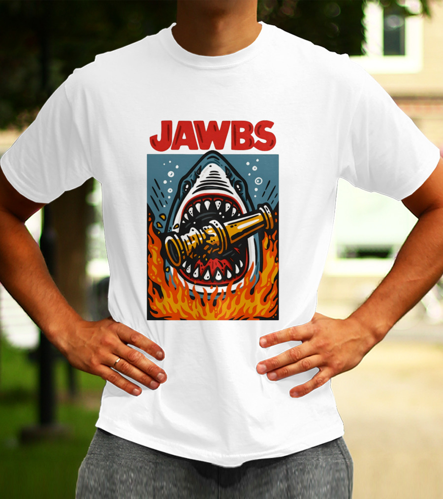 JAWS Jawbs Shark Biting Fire Hose Surrounded By Flames T-Shirt