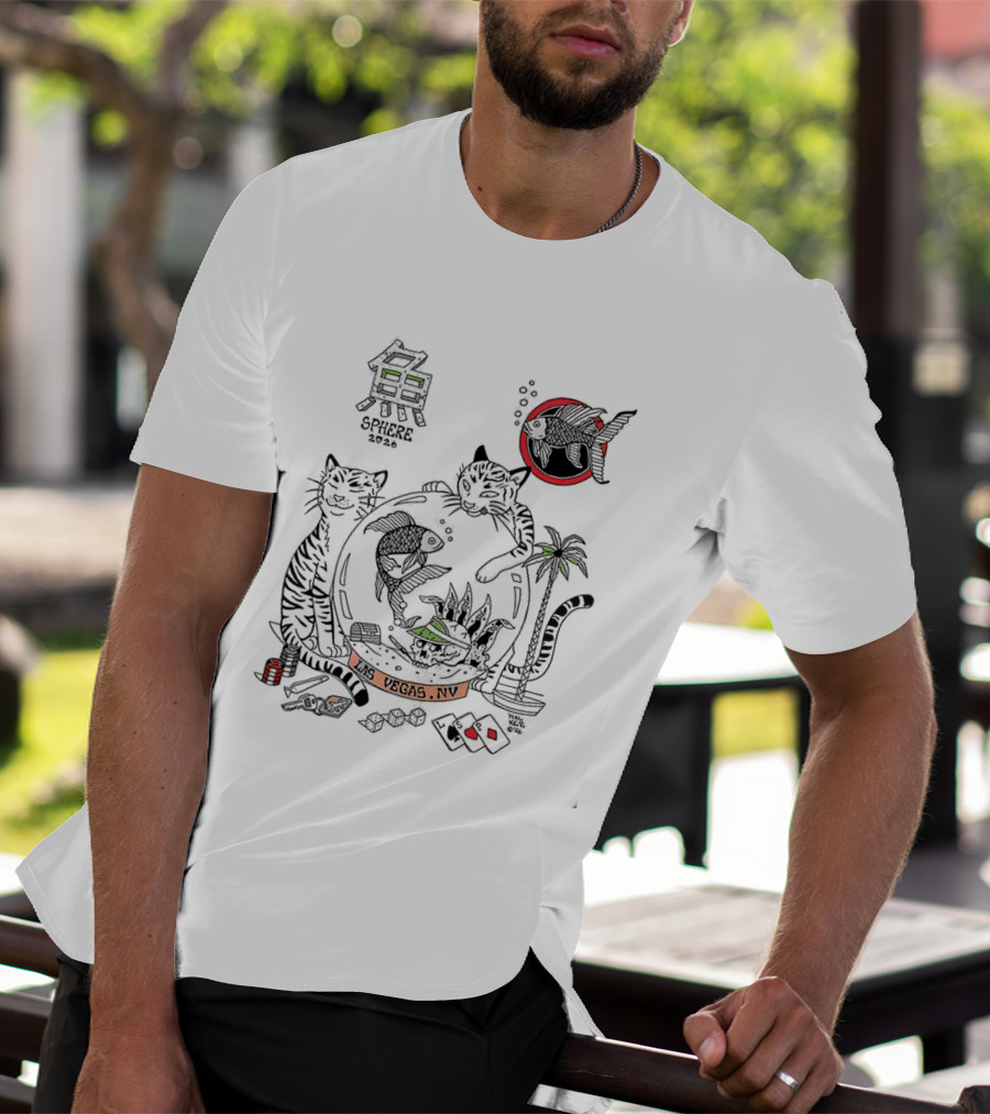 Sphere 2026 Vegas Cats And Aquatic Scene With Fish, Palm Trees, And Dice T-Shirt