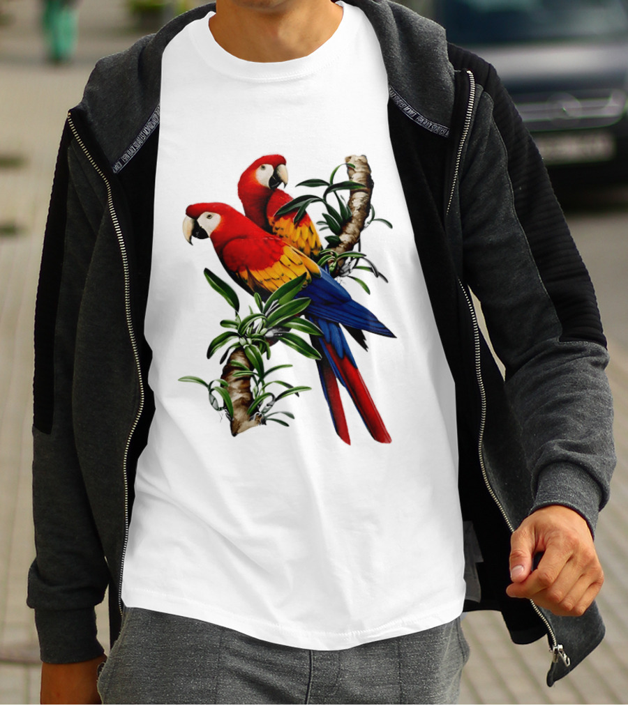 Parrot On Bret's Scarlet Macaw Tropical Branches T-Shirt
