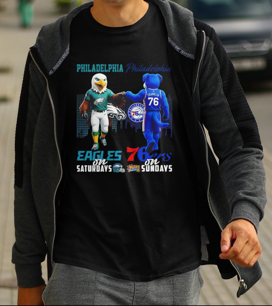 Philadelphia Eagles Vs 76ers Franklin Mascots Saturdays Sundays City Skyline T-Shirt