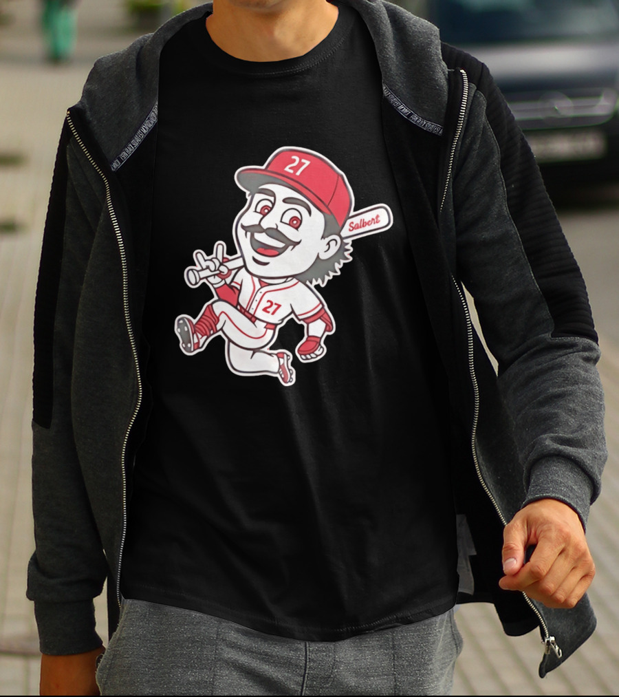 Cincinnati Reds Sal Stewart Number 27 Cartoon Player With Salbert Bat T-Shirt