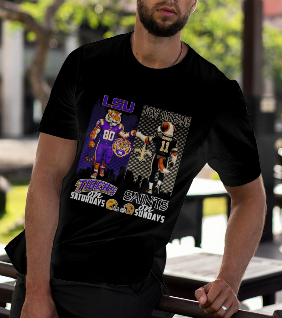LSU Tigers And New Orleans Saints Football Saturdays And Sundays With City Skyline T-Shirt