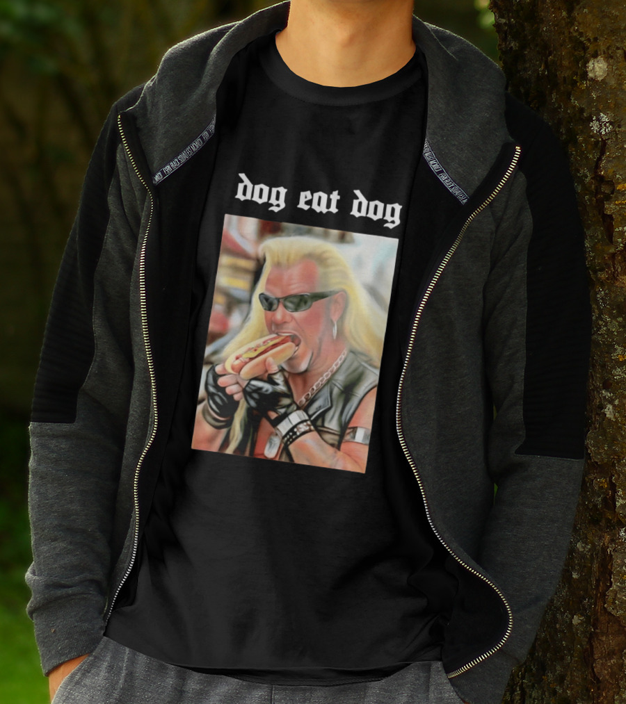 Dog Eat Dog Man Eating Hot Dog Sunglasses Blonde Long Hair T-Shirt