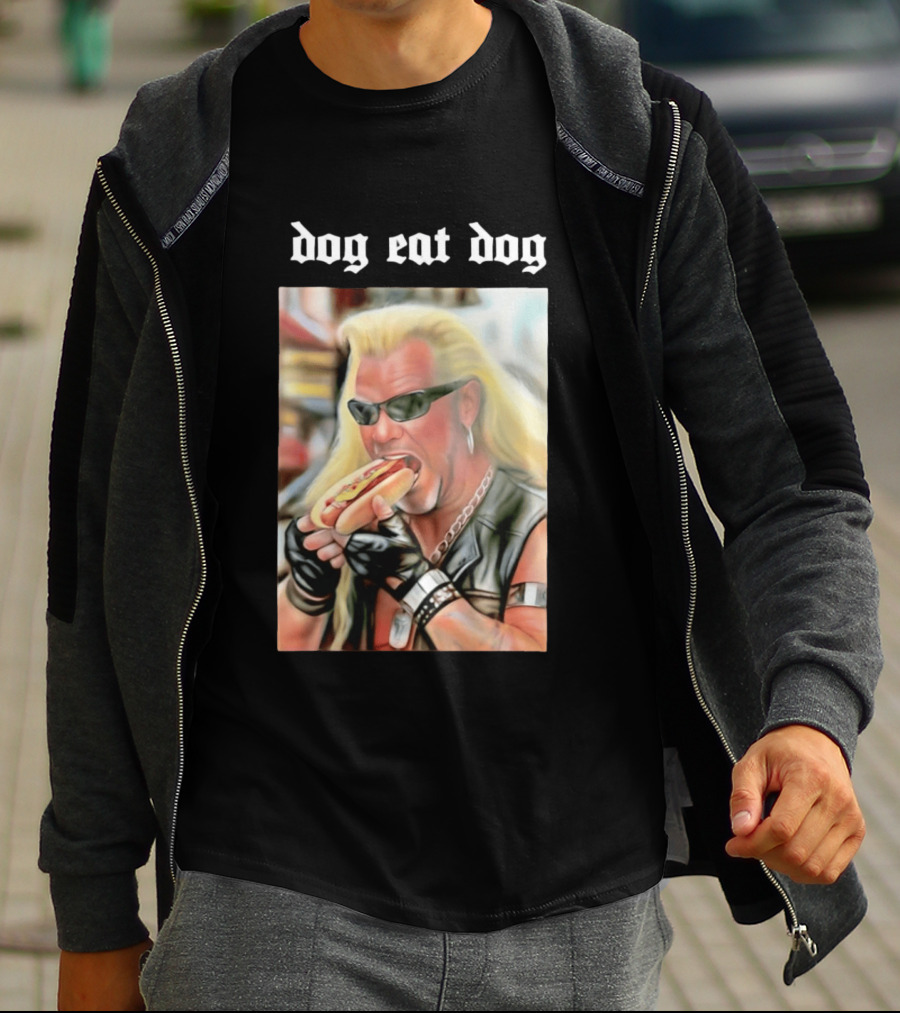 Dog Eat Dog Man Eating Hot Dog Sunglasses Blonde Long Hair T-Shirt