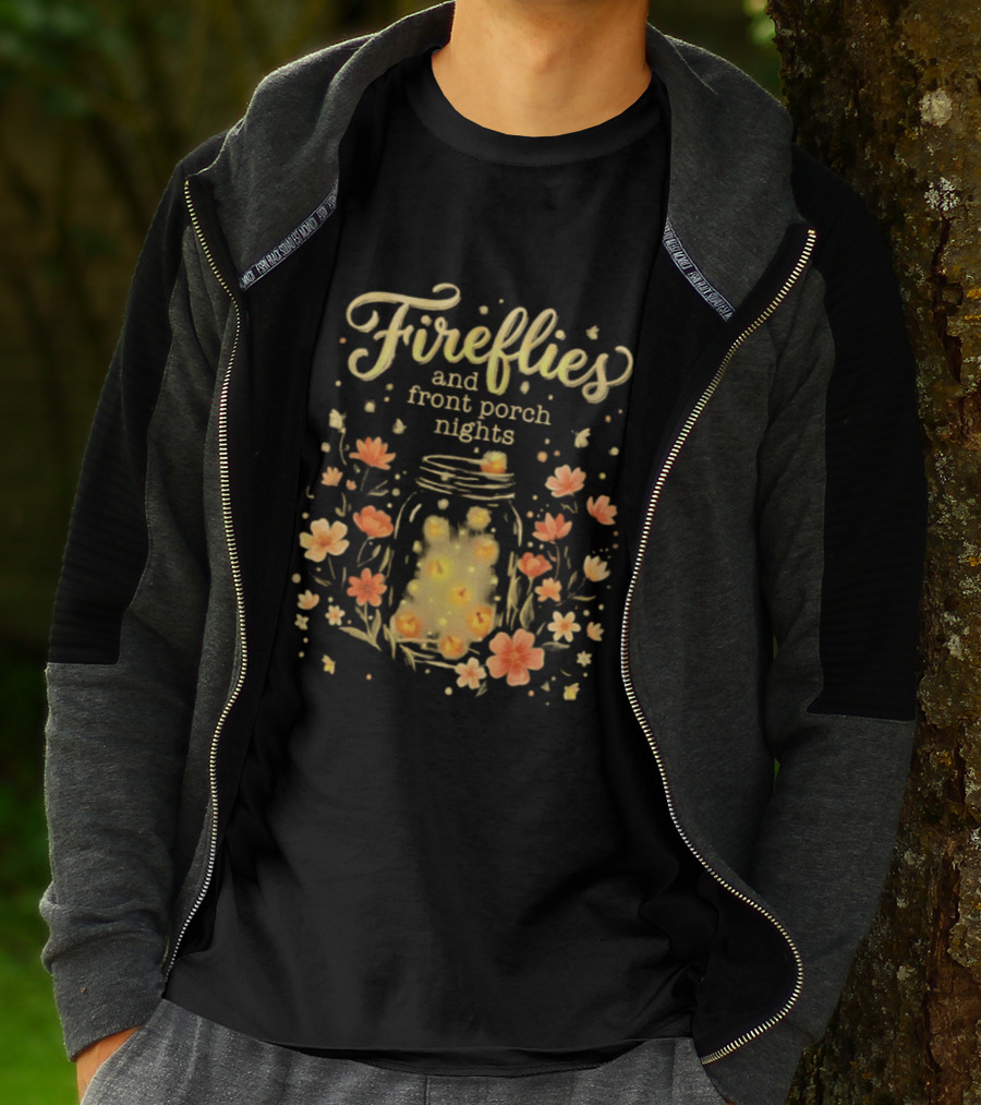 Fireflies And Front Porch Nights Rustic Mason Jar Fireflies Floral T-Shirt