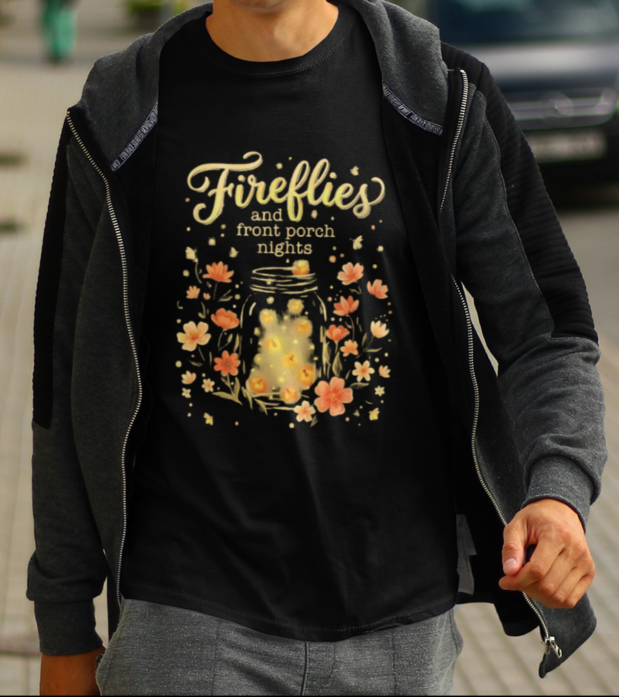 Fireflies And Front Porch Nights Rustic Mason Jar Fireflies Floral T-Shirt