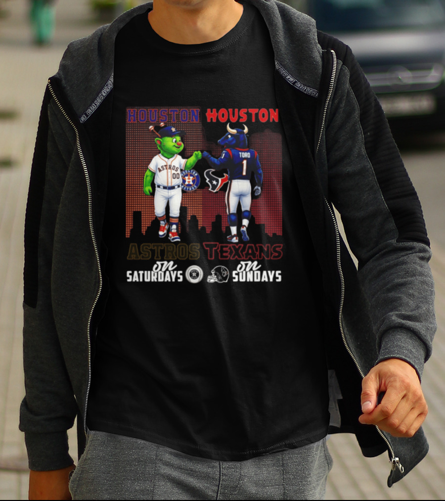 Houston Astros Orbit And Houston Texans Toro Skyline Saturdays Vs Sundays T-Shirt