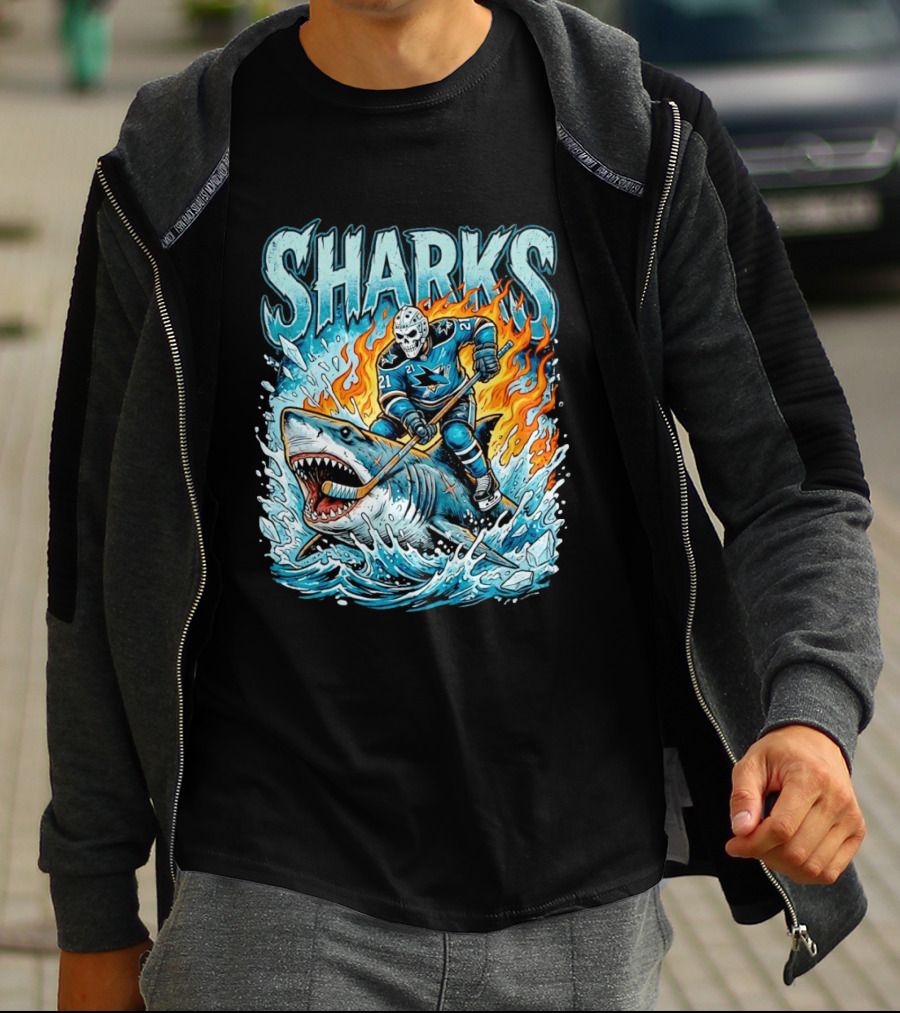 San Jose Sharks Hockey Player Riding Shark With Flames And Ice T-Shirt