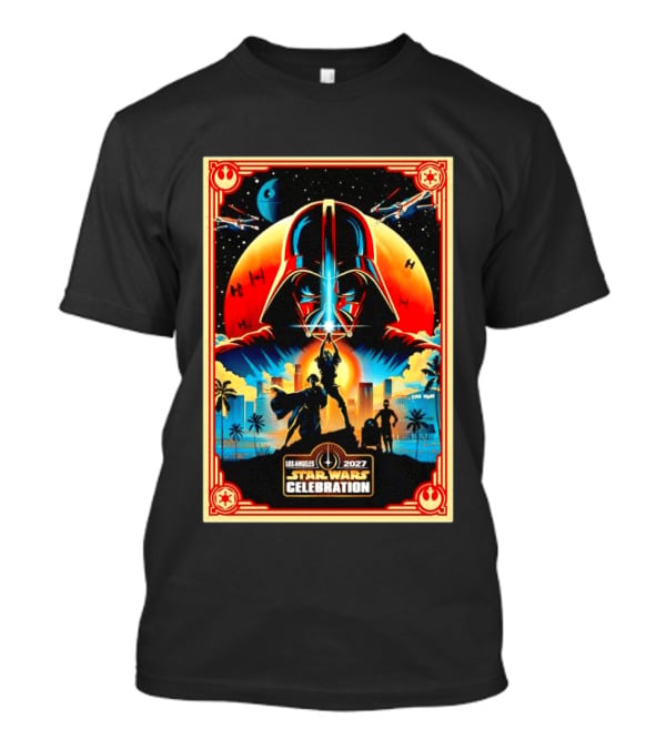 Star Wars Celebration Los Angeles 2027 50th Anniversary Darth Vader Millennium Falcon TIE Fighters X Wings T-Shirt