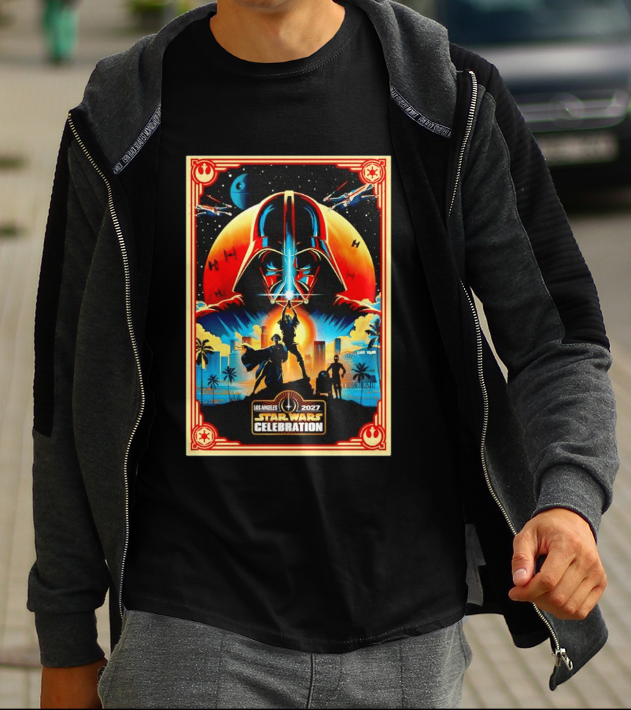Star Wars Celebration Los Angeles 2027 50th Anniversary Darth Vader Millennium Falcon TIE Fighters X Wings T-Shirt