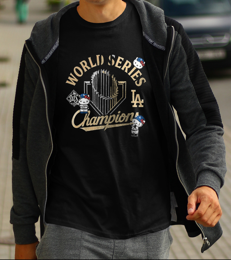 Los Angeles Dodgers World Series Champions Yoshinobu Yamamoto X Hello Kitty Golden Trophy T-Shirt