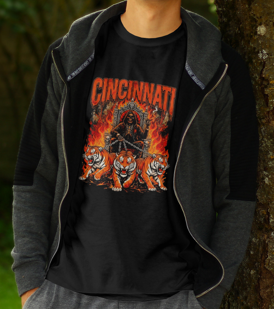 Cincinnati Skull Tiger Throne Fire Chains T-Shirt