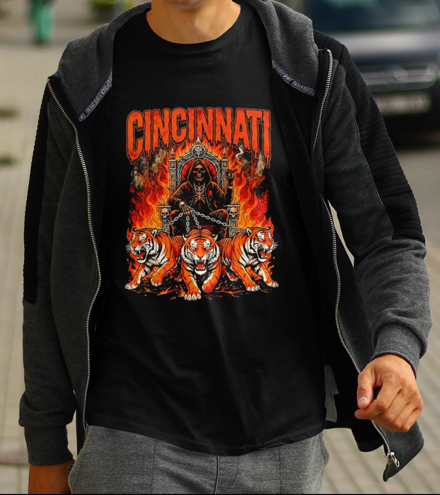 Cincinnati Skull Tiger Throne Fire Chains T-Shirt