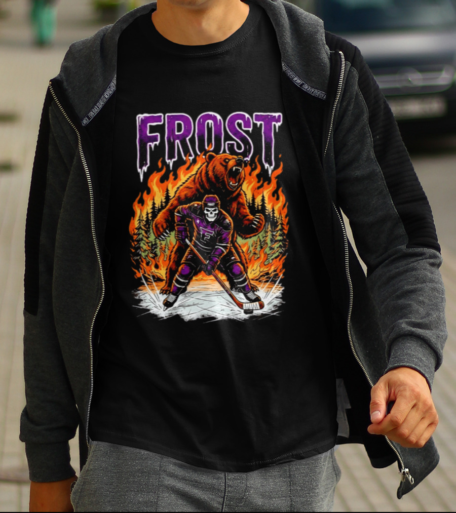 Frost Minnesota Hockey Skull Bear Flames Ice Rink T-Shirt