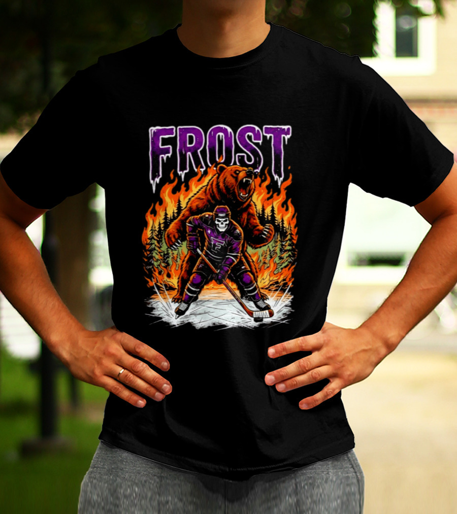 Frost Minnesota Hockey Skull Bear Flames Ice Rink T-Shirt