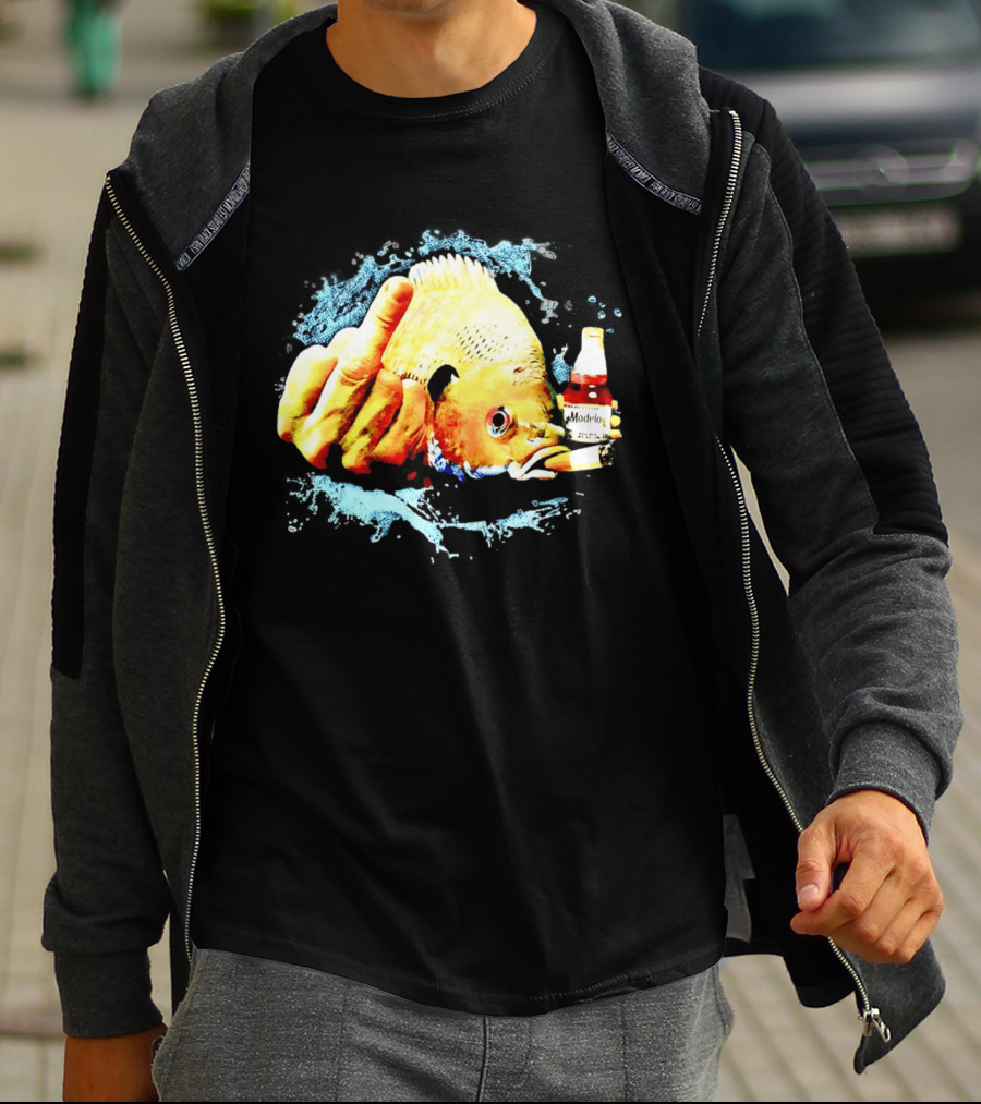 Modelo Beer Fish Smoking Cigarette Middle Finger T-Shirt