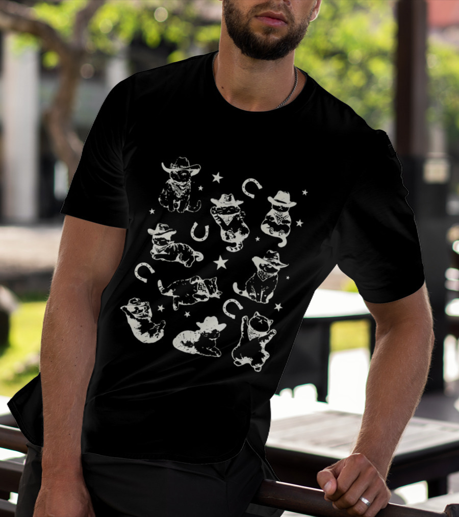 Cowboy Cat Pattern With Hats Stars And Horseshoes T-Shirt