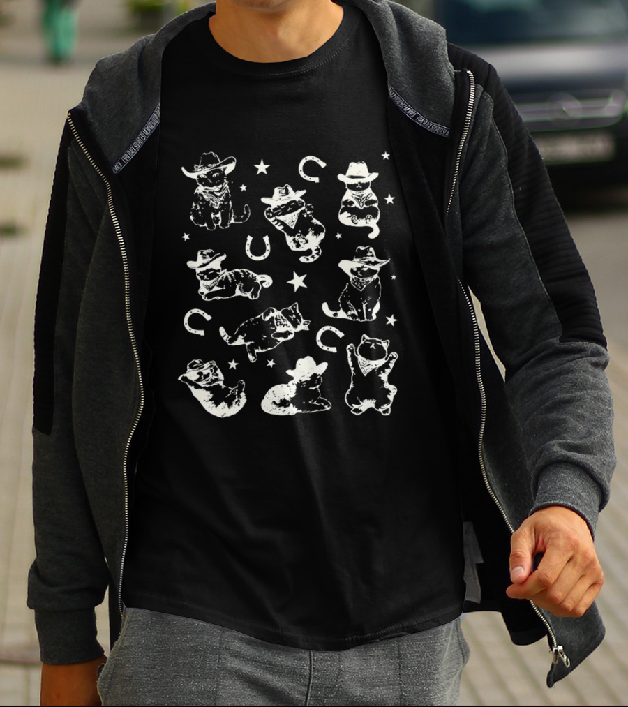 Cowboy Cat Pattern With Hats Stars And Horseshoes T-Shirt