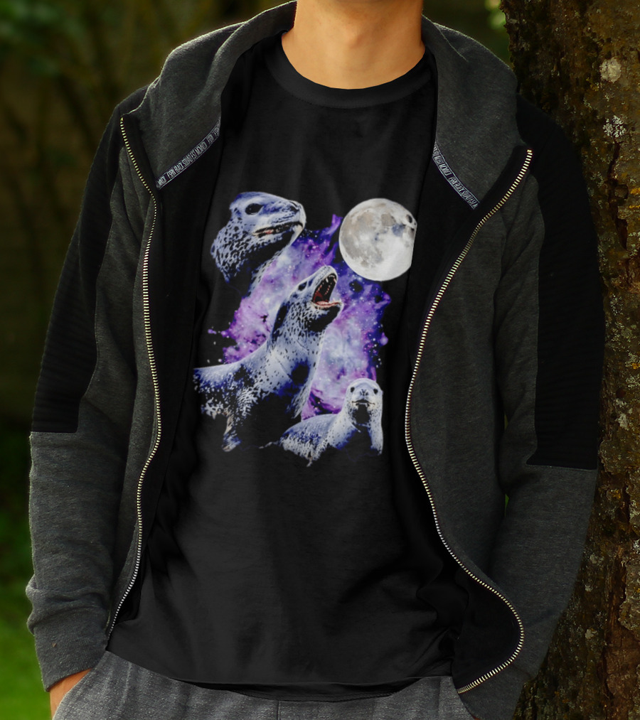 Three Leopard Seals Under Moonlight With Starry Purple Night Sky T-Shirt
