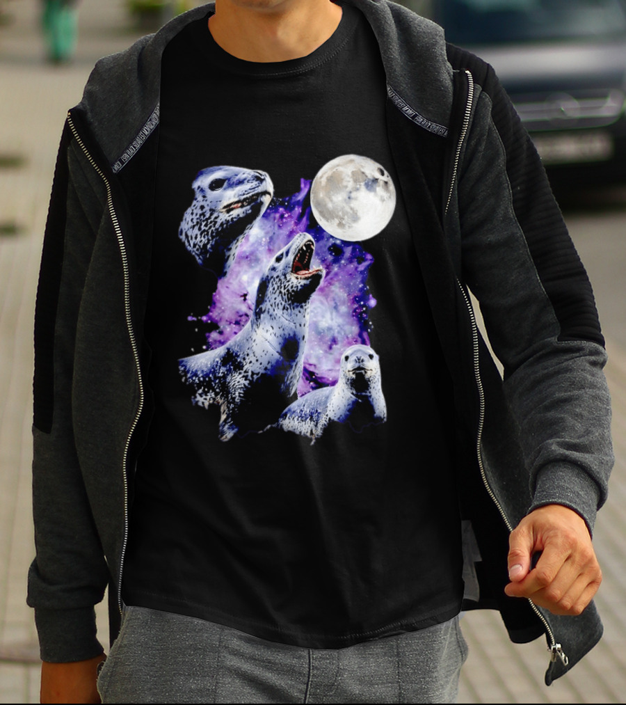 Three Leopard Seals Under Moonlight With Starry Purple Night Sky T-Shirt