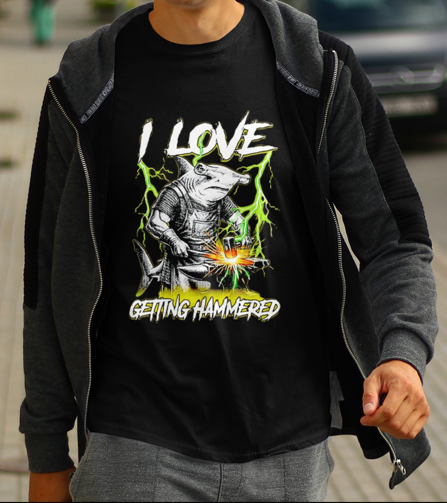 I Love Getting Hammered Hammerhead Shark Lightning Blacksmith Hammering T-Shirt