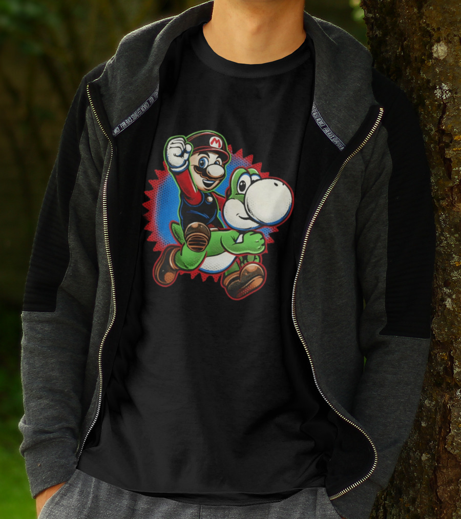 Mario And Yoshi Ride The Green Dino Classic Cartoon Adventure T-Shirt