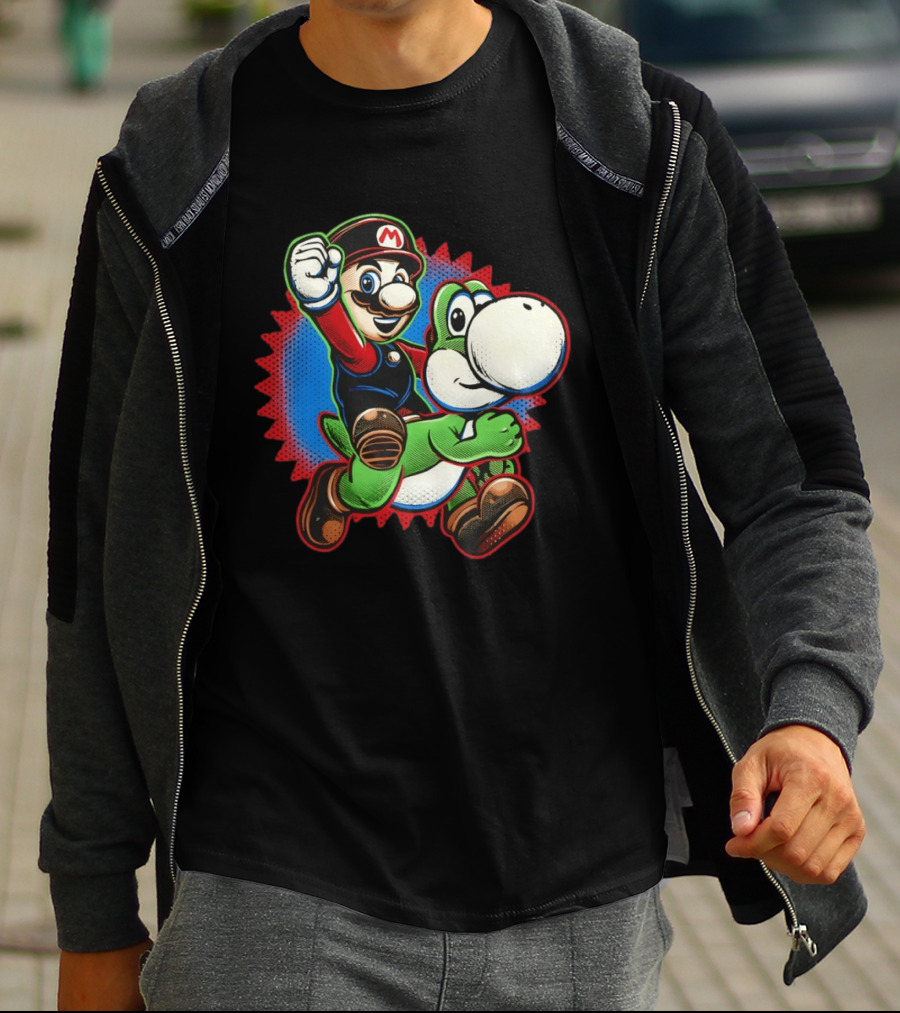 Mario And Yoshi Ride The Green Dino Classic Cartoon Adventure T-Shirt