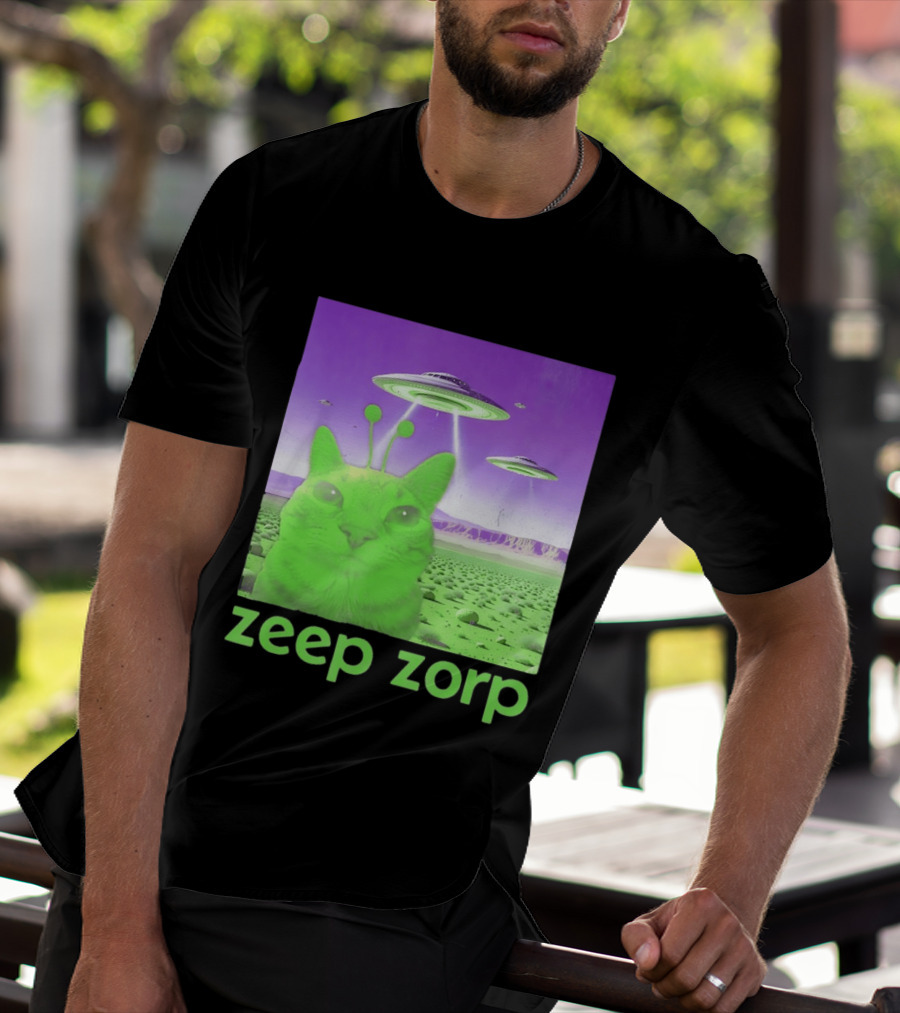 Zeep Zorp Green Cat Alien With UFOs In Space Desert Scenery T-Shirt