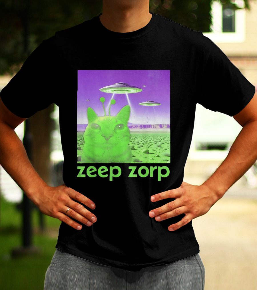Zeep Zorp Green Cat Alien With UFOs In Space Desert Scenery T-Shirt