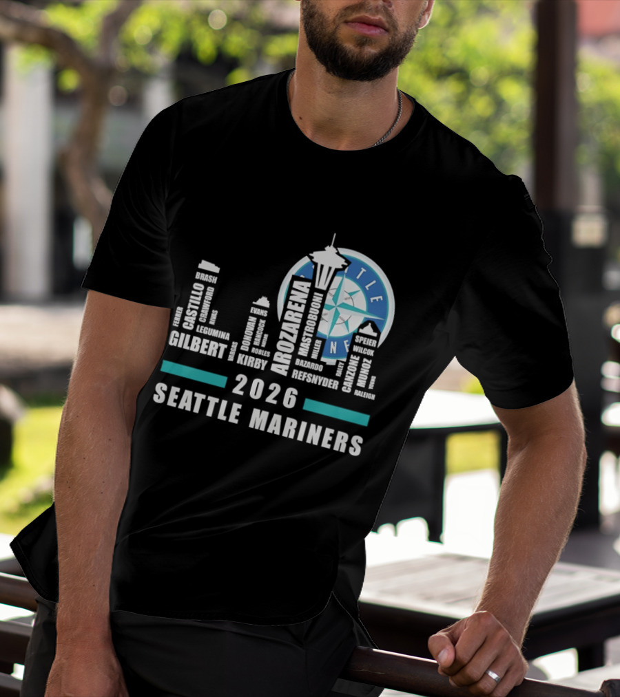2026 Seattle Mariners City Connect Skyline With Player Names And Space Needle T-Shirt