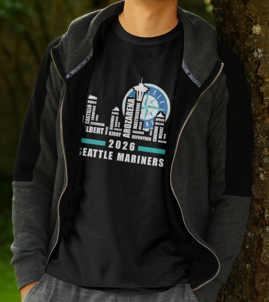 2026 Seattle Mariners City Connect Skyline With Player Names And Space Needle T-Shirt