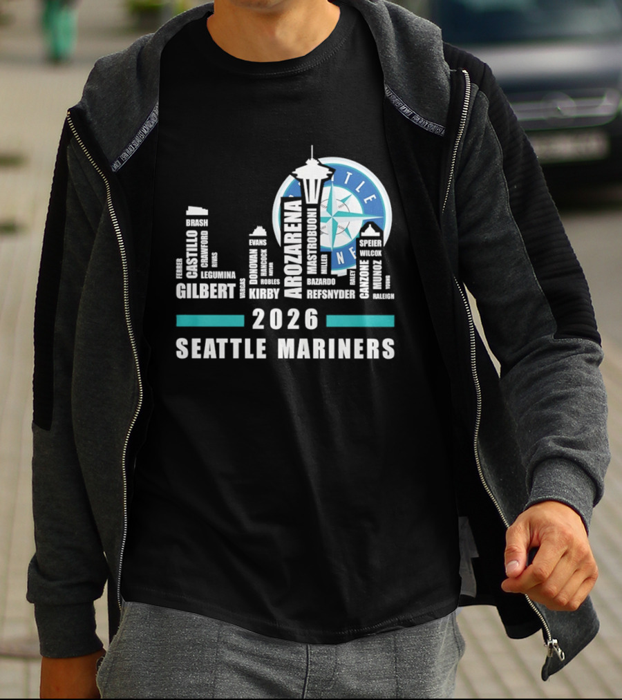 2026 Seattle Mariners City Connect Skyline With Player Names And Space Needle T-Shirt