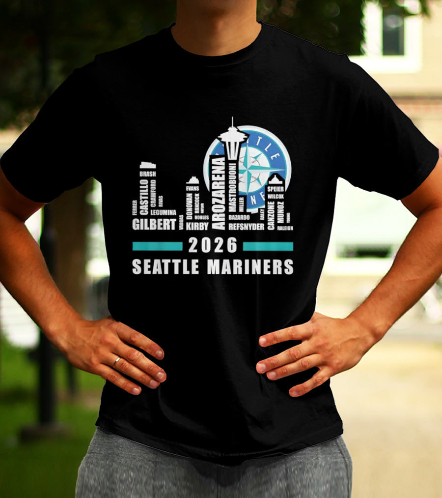 2026 Seattle Mariners City Connect Skyline With Player Names And Space Needle T-Shirt