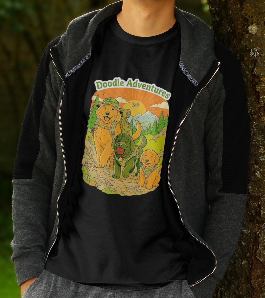Doodle Adventures Three Dogs Picnic Adventure Sunset T-Shirt