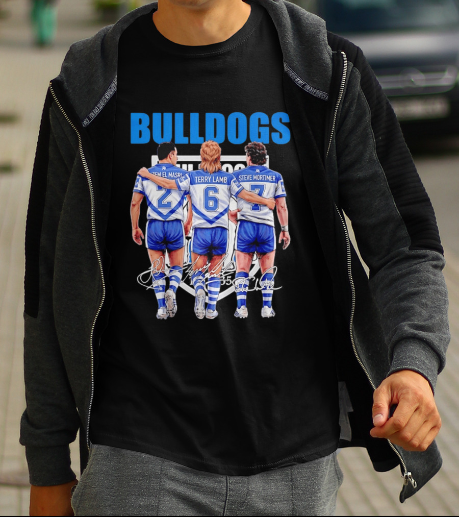 Hazem El Masri Terry Lamb Steve Mortimer Canterbury Bankstown Bulldogs Legends Signatures T-Shirt
