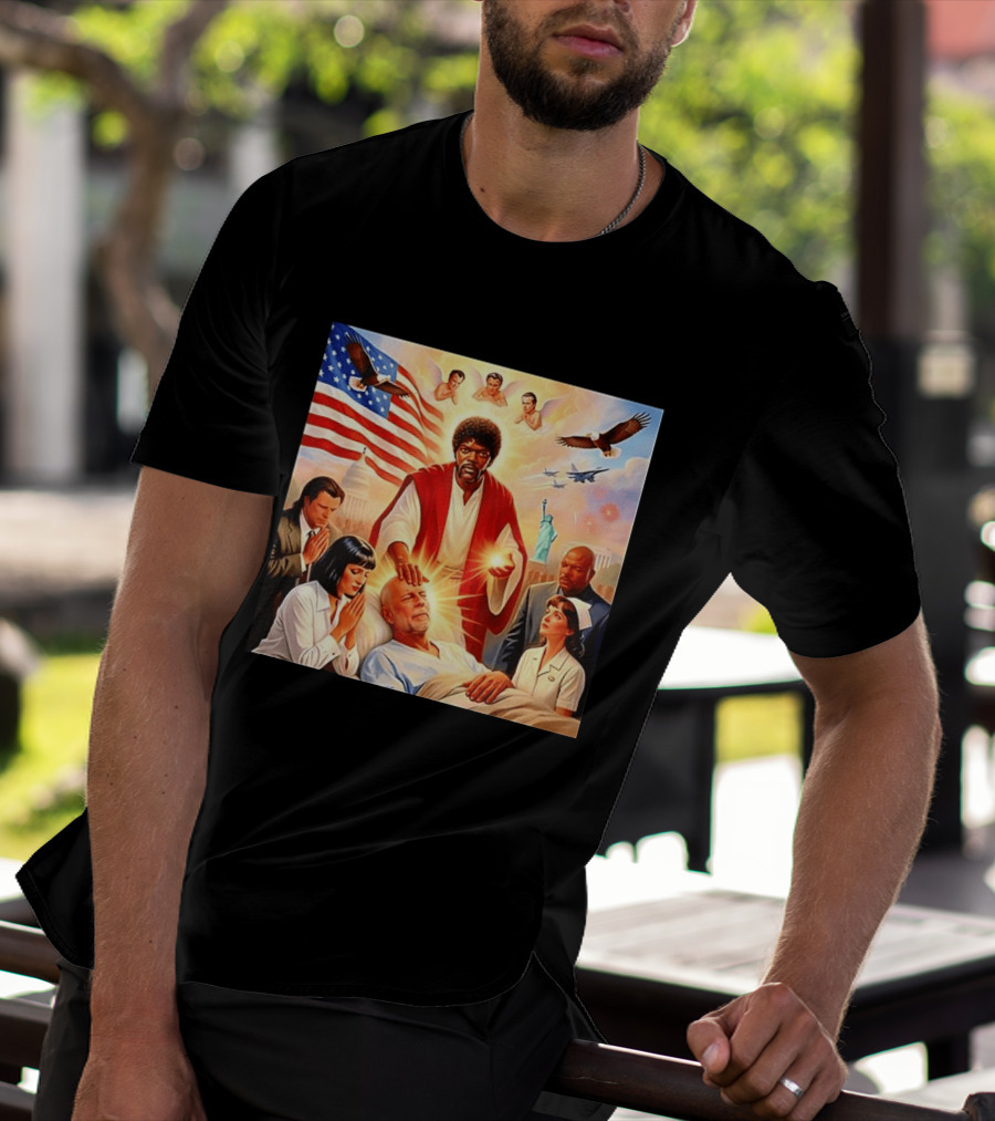 Samuel L. Jackson Exorcism Scene With Bruce Willis And US Patriotic Elements Meme T-Shirt