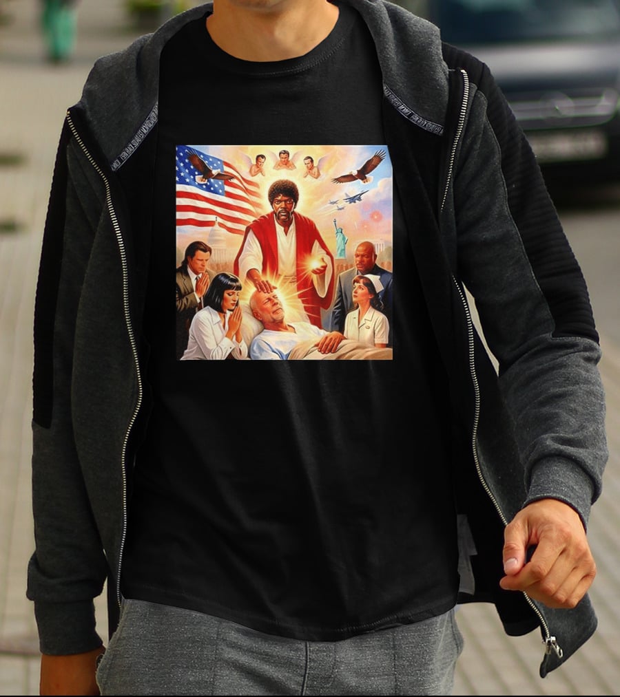 Samuel L. Jackson Exorcism Scene With Bruce Willis And US Patriotic Elements Meme T-Shirt